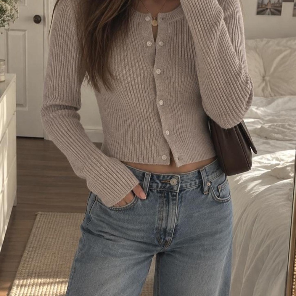 cream cardigan sweater  minimalist round neck long sleeve button down
